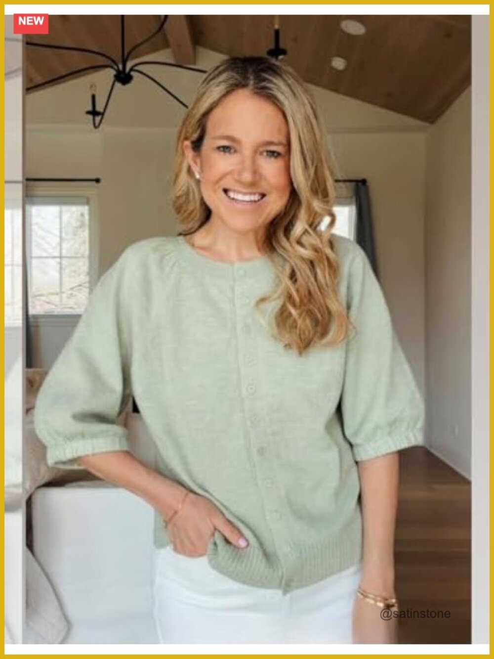 Casual Short Puff Sleeves Crewneck Cardigan Button Down Knit Sweater Open Front - Picture 4 of 6